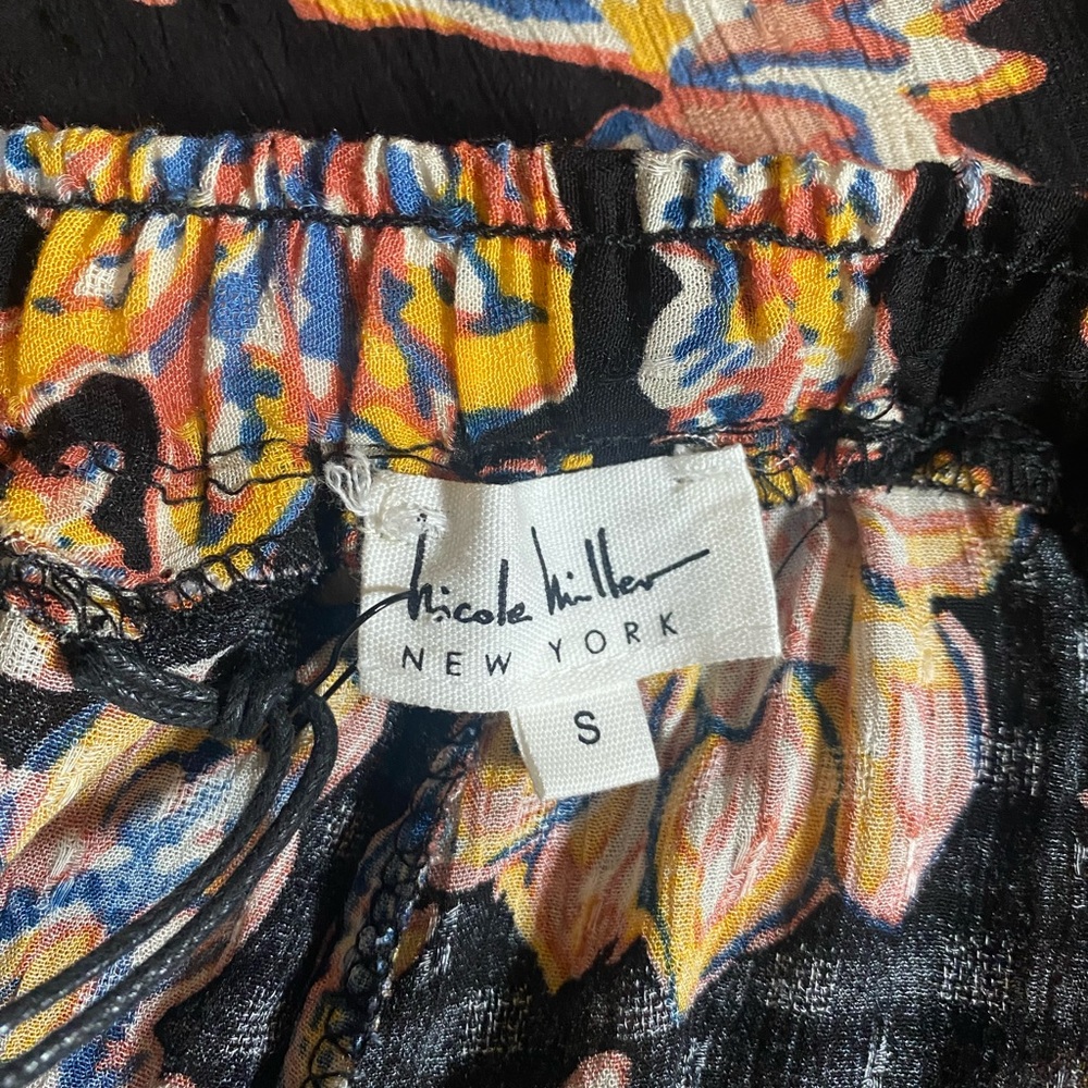 NWT Nicole Miller Pants Womens S Black Multi Floral Wide Leg Elastic Waist - Picture 4 of 9